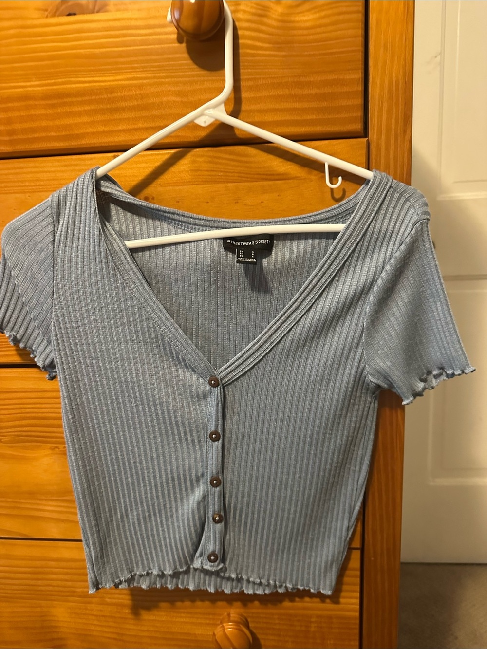 Streetwear Society Light Blue Ribbed Button-Front V-Neck Crop Top
